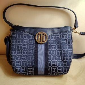 Tommy Hilfiger Sm TH Logo Navy Lt. Blue Stripe Gold Red Convertible Designer Bag
